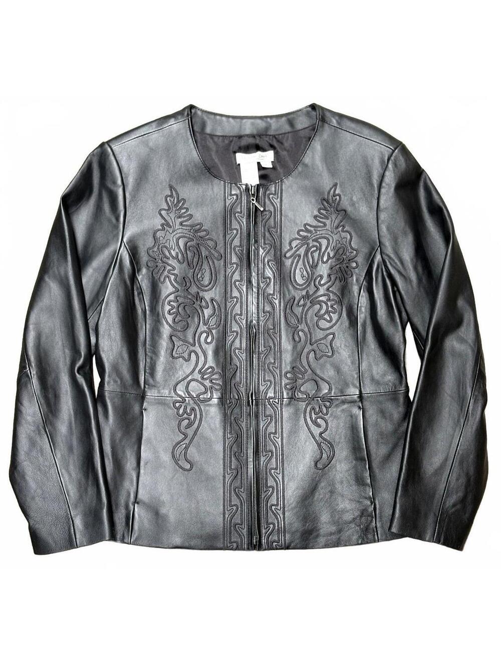 Coldwater Creek Black Leather Jacket with Embroidered Front Detail, Size Large